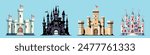 Four different castle designs, flat graphic style, light blue background. Concept of fantasy architecture. Vector illustration
