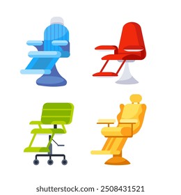 Four different chairs are standing in a row, designed for clients of spa, beauty salon or hairdressing