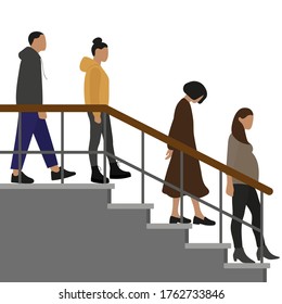Four different characters descend the stairs one after another
