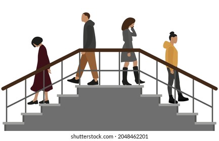 Four different characters descend the stairs in different directions on a white background