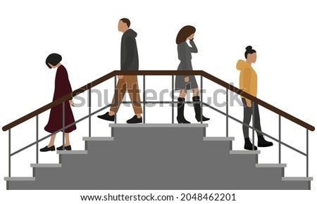 Four different characters descend the stairs in different directions on a white background