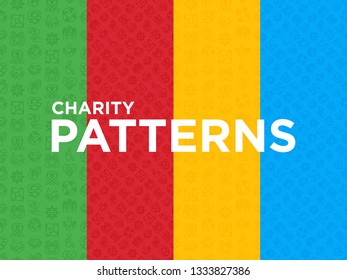 Four different Charity seamless patterns with thin line icons: donation, save world, reunion, humanitarian aid, ribbon, medical support, charity to disabled people, life saving. Vector illustration. 