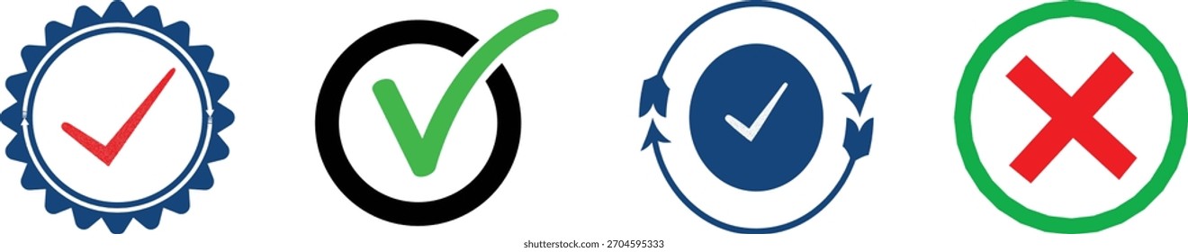 Cuatro marcas de verificación e iconos de marcas cruzadas diferentes x mark