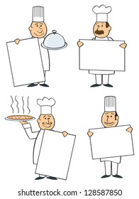 Four different chefs holding blank signs.
