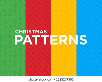 Four different Christmas seamless patterns with thin line icons: Santa Claus, snowflake, reindeer, wreath, decoration, candy cane, polar bear in hat, mitten, candle, penguin. Vector illustration.