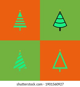 Four different Christmas trees on orange and dark green background.