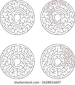 Cuatro laberintos circulares diferentes con soluciones contrastantes dibujadas con líneas rojas perfectas para ilustrar la resolución de problemas y la toma de decisiones