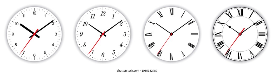 Four different clock faces over white, with regular, italic and fraktur numerals. Parts of analog clocks, or watches. Displays time through the use of a dial and moving hands. Illustration. Vector.