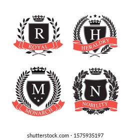Four Different Coat of Arms. Black and white silhouette circular wreaths, shields, crowns and ribbons depicting an award, achievement, heraldry, nobility. 