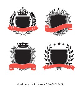 Four Different Coat of Arms. Black and white silhouette circular wreaths, shields, crowns and ribbons depicting an award, achievement, heraldry, nobility. 