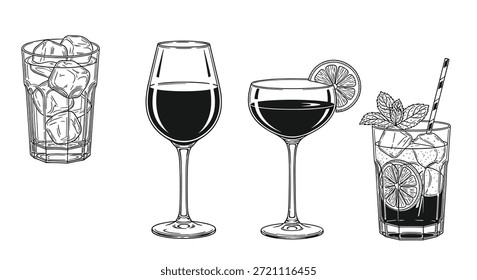 Vier verschiedene Cocktail- und Weingläser mit Getränken, Eis und Verzierungen in schwarz-weißer Linienart für das Menü-Design.