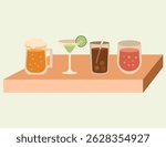Four different cocktails placed on a wooden table: a beer mug, a martini glass with lime, a whiskey glass with cola and ice, and a pink cocktail. A flat vector illustration of beverages. 