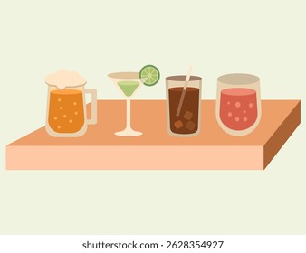 Four different cocktails placed on a wooden table: a beer mug, a martini glass with lime, a whiskey glass with cola and ice, and a pink cocktail. A flat vector illustration of beverages. 