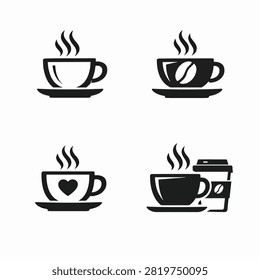 Four different coffee cup icons with steam, hearts, and takeaway cup