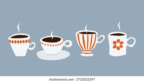 Four different coffee cups, collage style illustration.