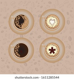 Four different coffee cups on coffee beans background. Vector image