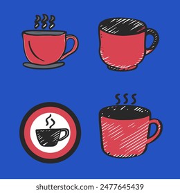 Four different coffee cups with steam coming out of them. The cups are red and black. The cups are drawn in a sketchy style