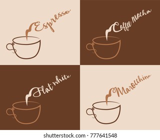 four different coffee types objects are in different layers and all of them convenient to use without background an other objects. The text types did converted to outlines and don’t need any fonts.