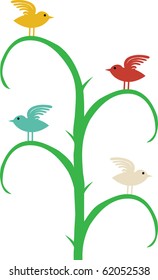 Four different color birds with wing up sit on curvy tree branches
