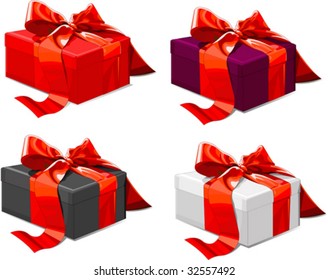 Vier verschiedene Farbgeschenkbox mit roter Schleife