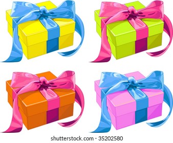 Vier verschiedene farbige Geschenkbox mit Schleife. Vektorgrafik
