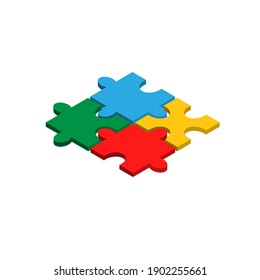 Four different color part puzzle chain in isometric style . Simple solutions concept, solving problem. Vector illustration isolated on white background.