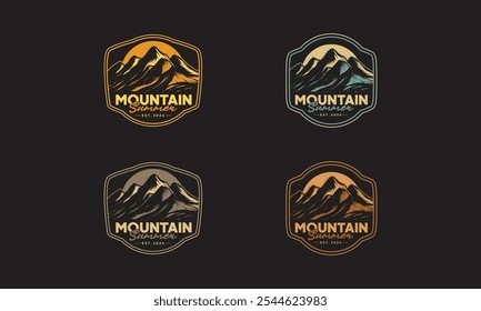 Four different color variations of a mountain summer logo with a sun and "Est. 2024" text.