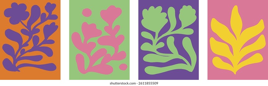 Four different colored abstract paintings of flowers. Floral poster vector set