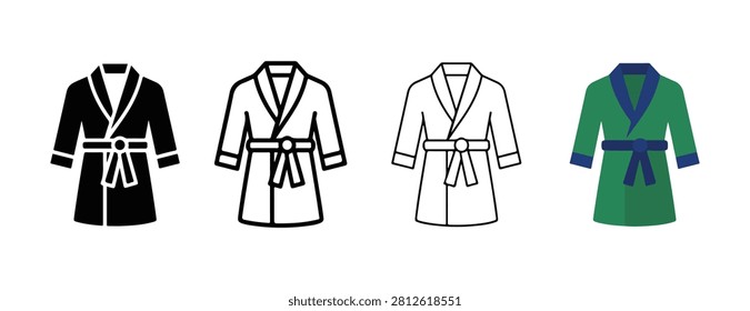 Four different colored bathrobe designs with belts on white background