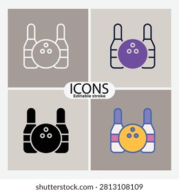 Four different colored bowling pin icons with transparent background and editable stroke lines