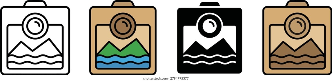Four different colored camera icons with mountain landscape on screen simple graphic set