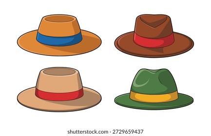 Four different colored cartoon hats with various colored bands