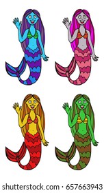 Four different colored cartoon images of pretty mermaids. Vector clip art.