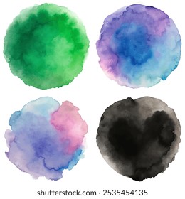 Four different colored circles of watercolor paint. The colors are green, blue, purple, and black