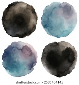 Four different colored circles of watercolor paint. The circles are black, blue, purple and gray