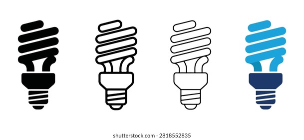 Four different colored compact fluorescent light bulbs in various shades on a white background