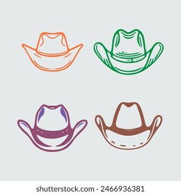 Four different colored cowboy hats. The hats are orange, purple, green, and brown