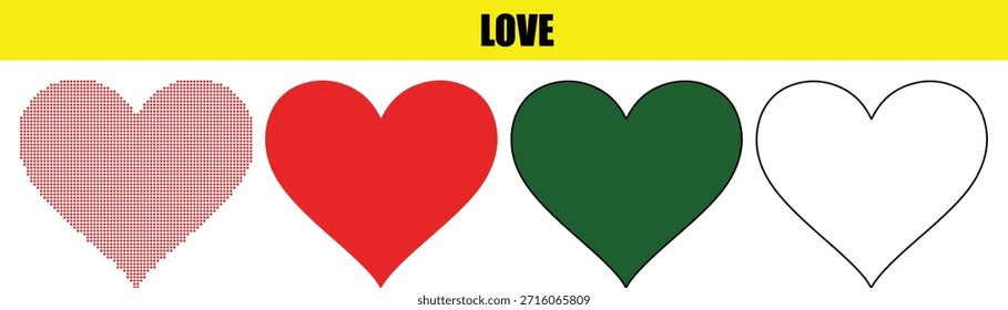 Four different colored heart shapes on white background