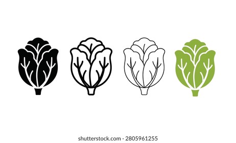 Four different colored illustrations of cabbage heads in a row on white background