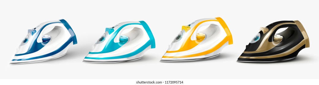 Four different colored irons set in 3d illustration on white background