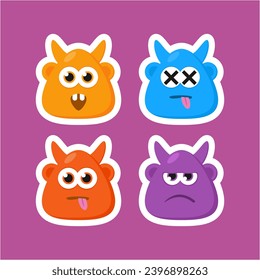 Four different colored monsters with eyes and mouths. This asset is suitable for children's books, Halloween graphics, and quirky character designs for products and packaging.