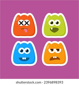 Four different colored monsters with eyes and mouths. This asset is suitable for children's books, Halloween graphics, and quirky character designs for products and packaging.