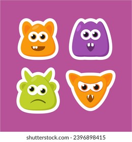 Four different colored monsters with eyes and mouths. This asset is suitable for children's books, Halloween graphics, and quirky character designs for products and packaging.