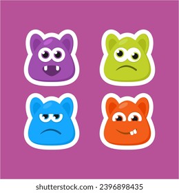 Four different colored monsters with eyes and mouths. This asset is suitable for children's books, Halloween graphics, and quirky character designs for products and packaging.