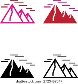 Four different colored mountain icons with lines above them