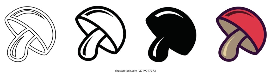 Four different colored mushroom icons in various styles and colors
