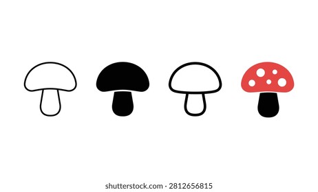 Four different colored mushroom icons in a row on white background