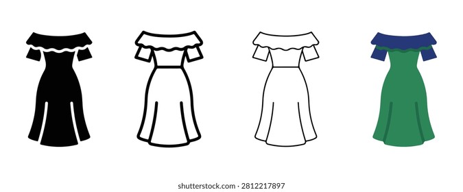 Four different colored off the shoulder dresses in various styles and colors on white background