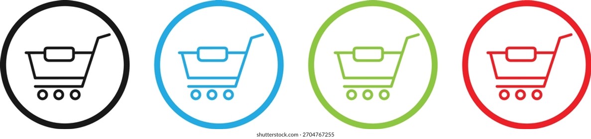 Four different colored outline icons of a modern shopping cart with a flat base and small wheels, displayed in circular frames black, blue, green, red, isolated on transparent background