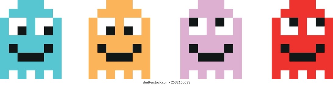 Four different colored Pac-Man characters with smiling faces